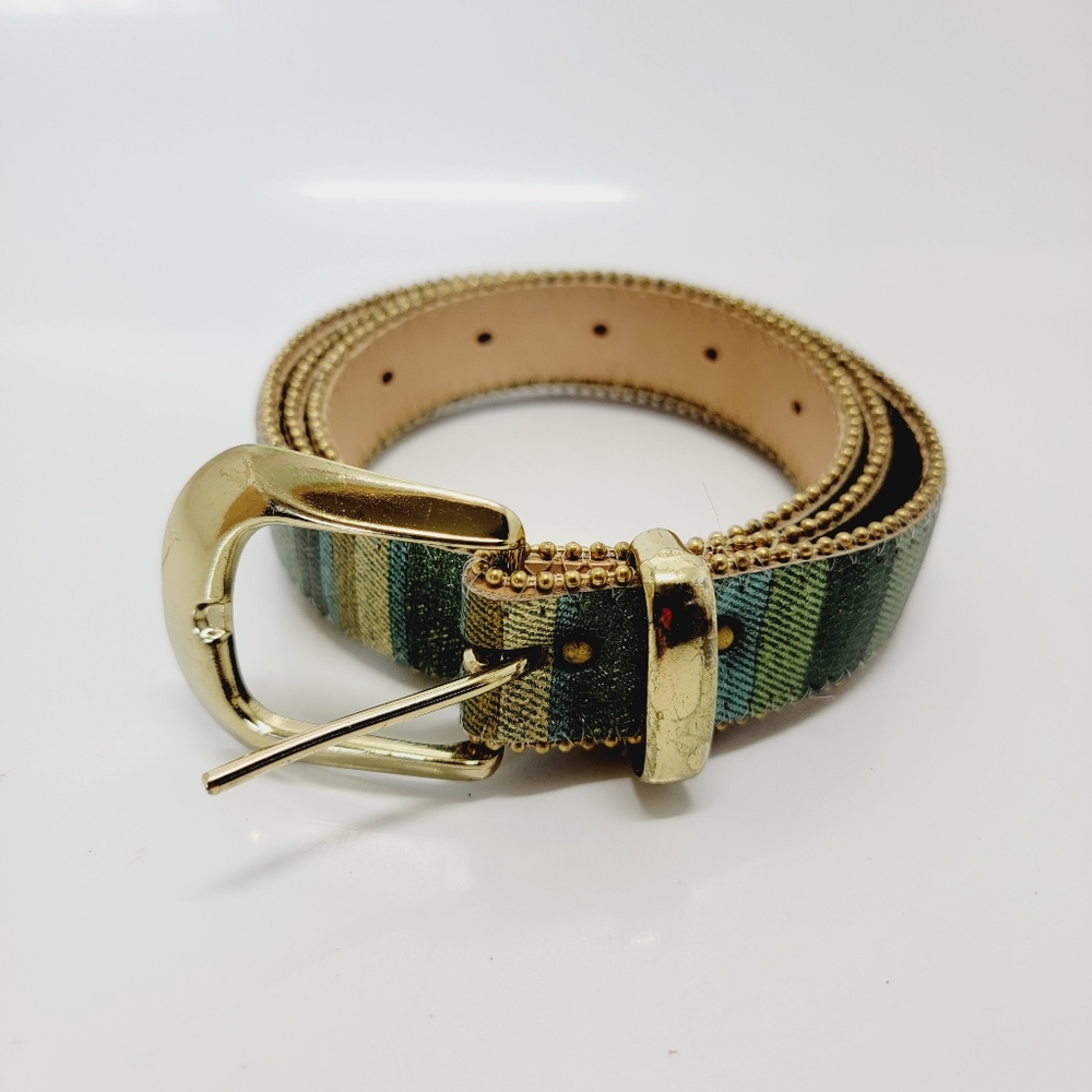 Dakota Ltd Genuine Leather Fashion Belt Sz L 5495 Beaded Edge Striped Green USA.
